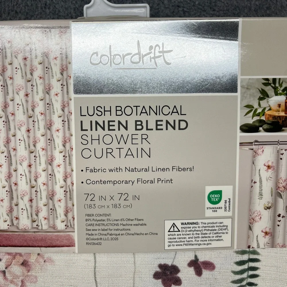 Colordrift Shower Curtain 72x72 Pink Floral Linen Blend Lush Botanical NEW